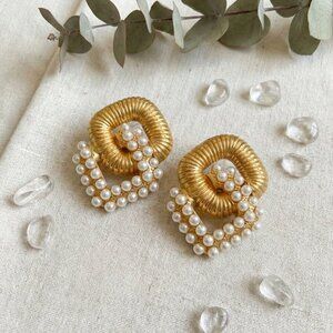 18K Gold Plated Stainless Steel Pearl Square Geometric Chunky Statement Earrings